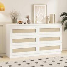 Rattan Dresser For Bedroom, Modern 6 Drawer Bedroom Dresser With Anti-Tip Kit, Wood Chest Of Drawers For Bedroom, Hallway And Living Room  6 Drawer Double Dresser For Bedroom, Wide Chest Of Drawers & Boho Dresser For Closet, Store Organizer For Bedroom, Living Room, Hallway, 47.24" - 白色 - 查看 4