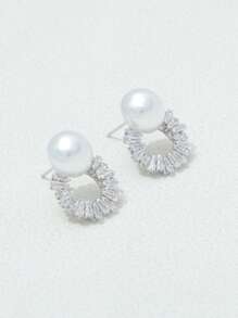 1 Pair Zirconia Faux Pearl Small Stud Earrings, Suitable For Everyday Wear