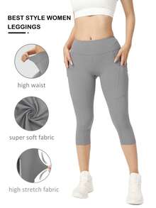 Women's High Waist Gray Yoga Sports Capris With Pockets Outdoor Gym Running Workout Bottoms Breathable High Stretch Cycling Pants - Light Grey - View 2