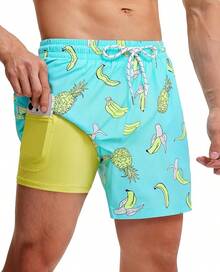 Mens Swim Trunks With Compression Lined Short Bathing Suits For Men 5 Inch Inseam Liner Men's Swimming Trunk - Green Tropical - View 1