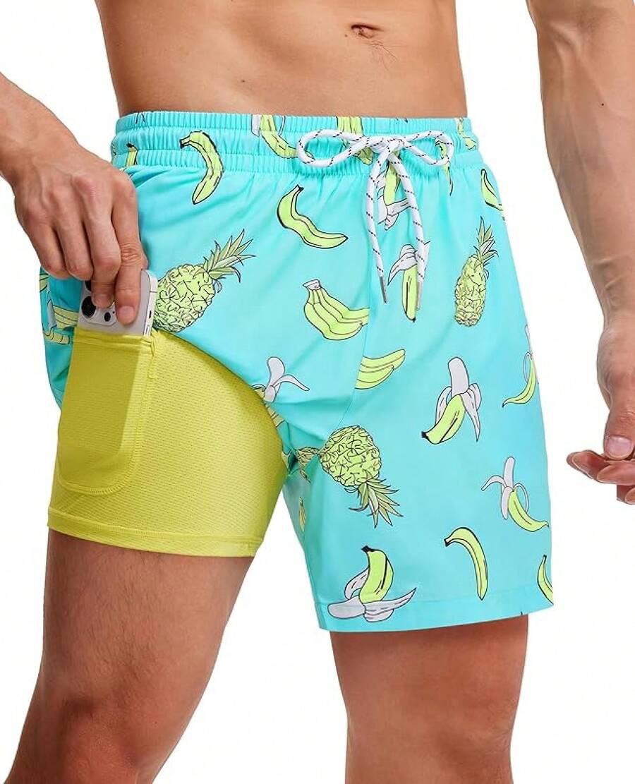 Mens Swim Trunks With Compression Lined Short Bathing Suits For Men 5 Inch Inseam Liner Men's Swimming Trunk - Green Tropical - View 1