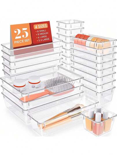 THELIFE 25 piezas Bandejas organizadoras de plástico transparente para cajones, divisores de cajones de escritorio, divisores de cajones de escritorio para joyas y accesorios, dormitorio, baño