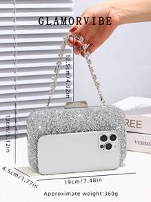 1pc Crystal Decor Evening Clutch Bag For Women, Featuring Gemstone Metal Chain, Shiny Box-Shaped Bag, Perfect For Charming, Bridal Wallet, Wedding, Party, Prom, Nightclub, Birthday Gift, Valentine's Day Gift, Gathering, Crossbody Bag, Handbag, Clutch, Cosmetic Bag