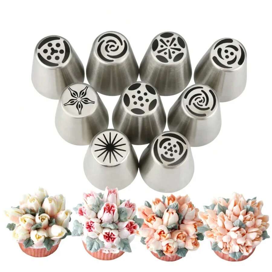 Juego de 9 Uds./1 Juego de boquillas rusas para crema, herramienta para pasteles, accesorios de panadería, bolsa de pastelería para tuberías de flores, herramientas de decoración de pasteles OWZC - 9 piezas - Ver 1