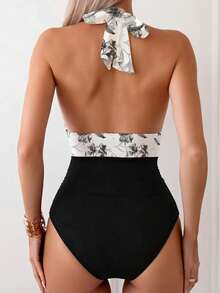 1pc Floral Print Casual Elegant Sexy Backless Tied Knitted Fabric Beach Vacation Travel Sports & Fitness Dress, All Season