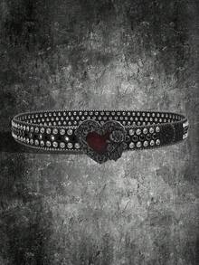 1条Y2K铆钉心形扣珠男士休闲日常腰带，夏季、校园休闲、商务、男友、丈夫、父亲、男士礼物，日常穿着、时尚、青少年、户外、度假、运动、旅行、街头、波西米亚风、复古秋季、万圣节秋冬配饰，适合青少年、青年、男士、休闲、户外、运动、度假、毕业礼物、生日、日常穿着 - 黑色水鑽 - 查看 4