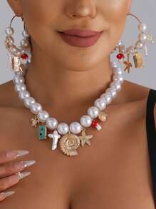 Faux Pearl Marine Life Necklace And Earring Set, With Assorted Charms - Starfish, Shell, Turtle, Mushroom Jewelry Set