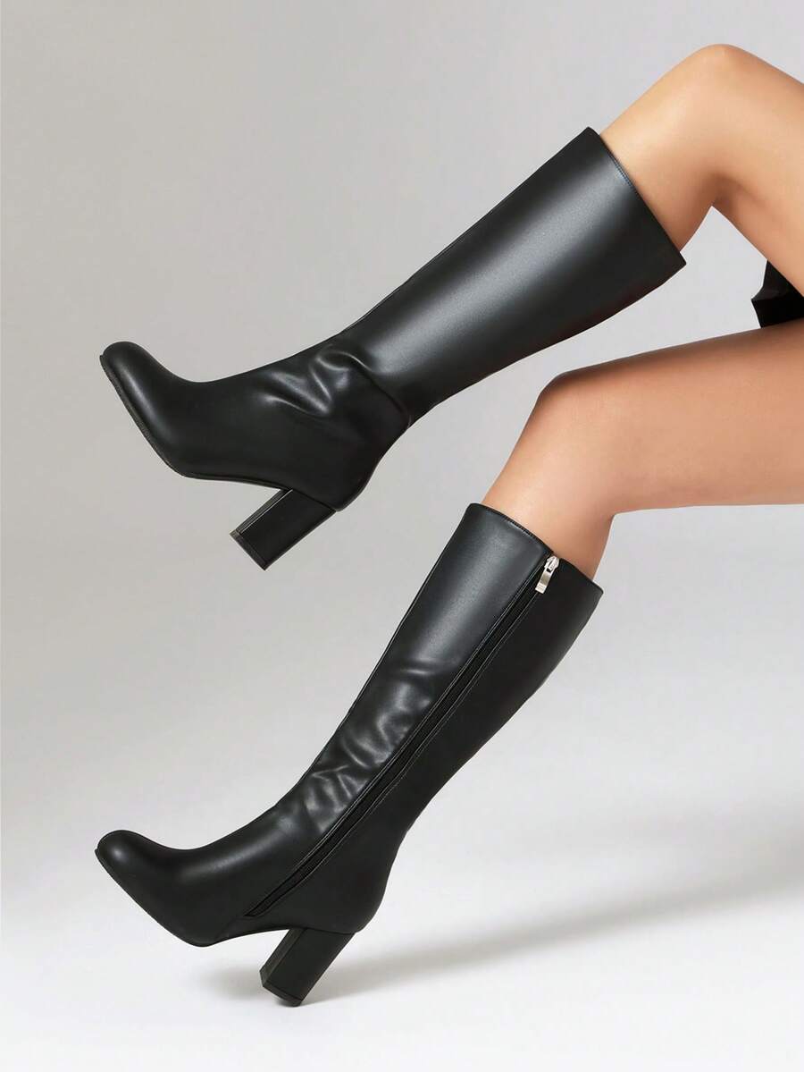 Women's Fashion Thick Heel Over-The-Knee Boots, Round Toe Versatile Side Zipper Sexy Punk Boots, Suitable For Autumn & Winter - Black - View 1