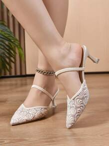 Neue chinesische Art weiße High Heel Mules Damen spitzer Zeh Spitzenbestickte Zwei-Wege Slip On Sandalen