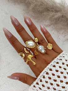 6pcs/Set Vintage Floral & Gemstone Decorated Rings, Women Elegant Baroque Pearl Rings, Punk Hip-Hop Gold Knuckle Rings, Suitable For Daily Wear, Party & Banquet, Festivals, Versatile Fashion Jewelry