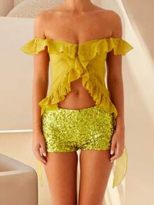 Women Y2k Frill Trim Off Shoulder Tank Top Little See Through Low Cut Solid Color Backless Sleeveless Irregular Ruffle Tassel Cami Shirt Summer Crop Top Streetwear - Green - View 2