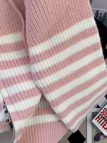 女士宽松条纹连帽拉链针织开衫，慵懒厚实毛衣外套，女士毛衣，女士冬季外套，返校季粉色 - 粉色 - 查看 5