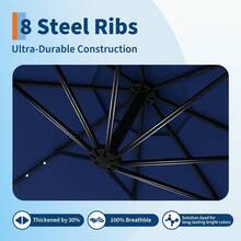 10ft Solar Lights Patio Umbrealla, Outdoor Offset Cantilever Umbrella, Easy Lift & Tilt Adjustment, 8 Ribs Sun Umbrella UV Protection For Market Garden Deck Backyard Pool - 藏蓝色 - 查看 5