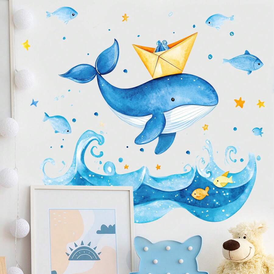 Cartoon Underwater Creatures Whale Wall Stickers Home Living Room Bedroom Bathroom Kitchen Wall Stickers Refrigerator Cabinet Room Stickers - Multicolor - View 1