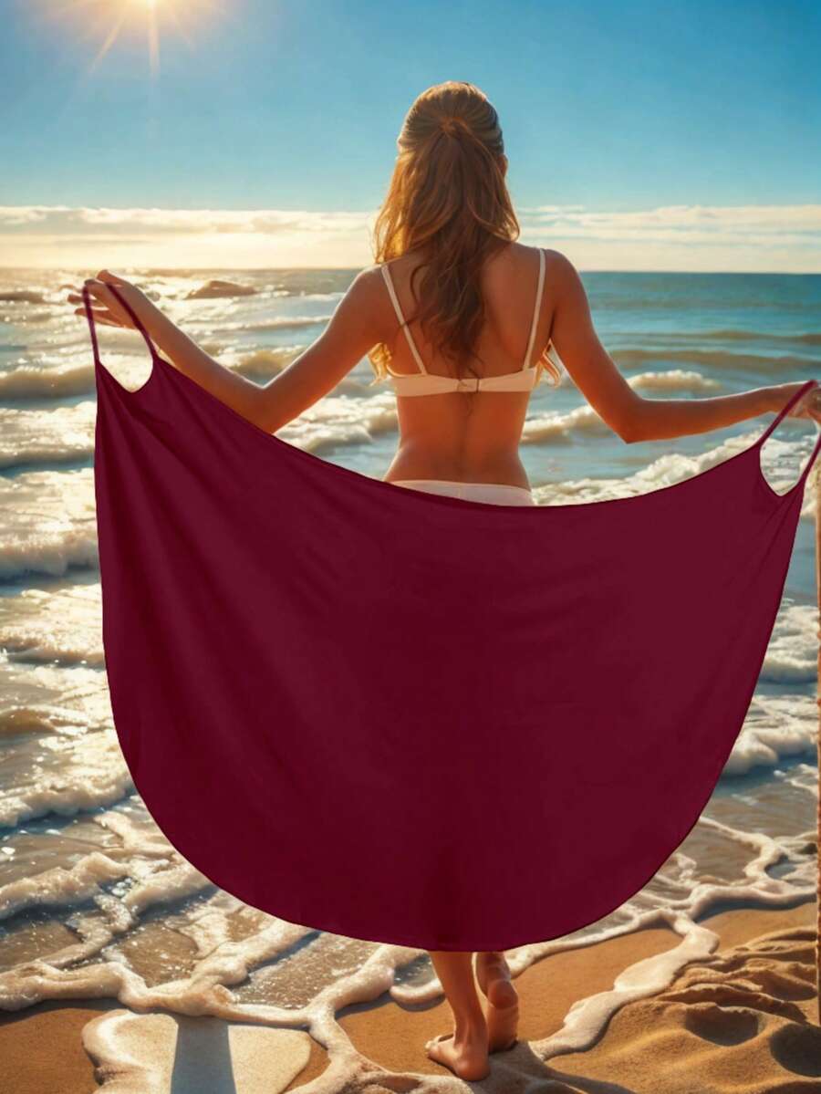 女士沙滩裹身裙夏季性感度假吊带裙 - 酒紅色 - 查看 1