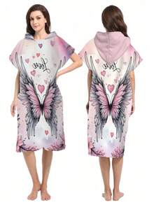1pc Pink Butterfly Print Hooded Cape/Poncho - Super Soft Microfiber Butterfly Pattern, Suitable As Gift For Boys, Girls, Couples - For Beach & Home Decor, Couples Robe | Microfiber Bathrobe, Suitable For All Occasions Back To School - Multicolor - View 3
