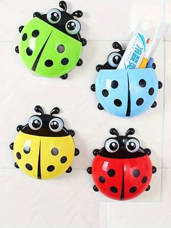 Portaspazzolino a forma di coccinella da montare a parete - Portaoggetti da bagno con ventose in plastica, senza elettricità necessaria, ideale per organizzare dentifricio e spazzolino, accessorio per la decorazione della casa, organizer da bagno con design carino, struttura in plastica, portaspazzolino