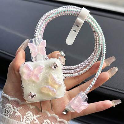 5件3D水晶卡通蝴蝶手机充电器套装20W/18W，充电线，充电头，保护壳，兼容充电器线保护套，充电器保护套