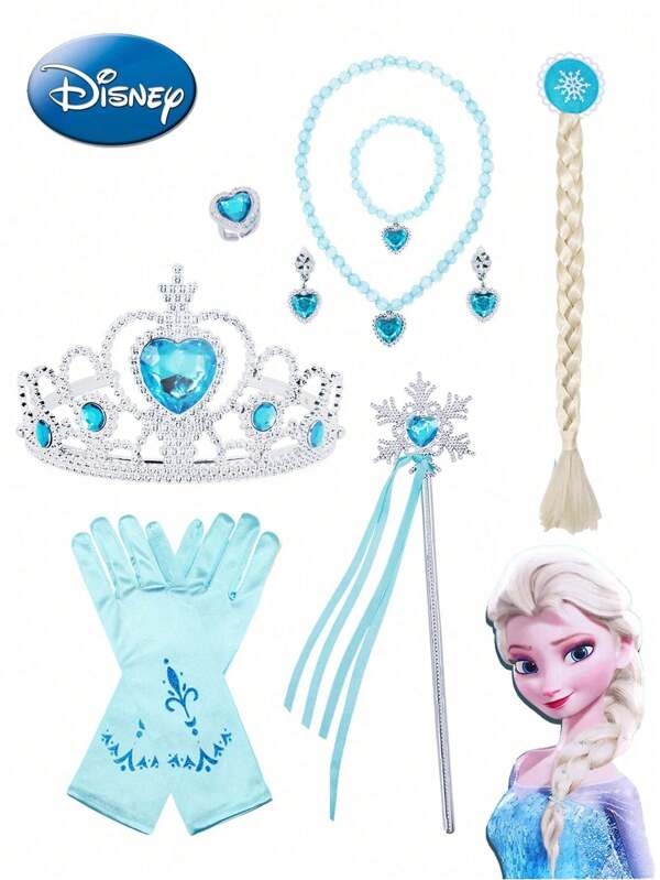 8 Stücke Disney Frozen Elsa, Schneewittchen, Moana Party Geschenkartikel, Dekorationszubehör Prinzessin Schneekönigin Zauberstab, Krone, Halskette, Ohrclips, Ring, Blumenkranz Set für Fotografie, Rollenspiel (Einzelne Teile können zufällig sein)