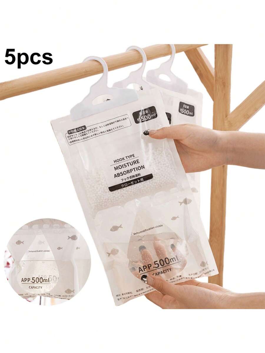 5pcs Wardrobe Dehumidifier Bag - Household Hanging Drying Bag, Suitable For Family Travel, Bedroom, Clothing, Dehumidifier Bag, Moisture-Proof Bag, Water-Absorbing Bag