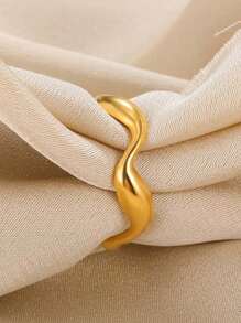 Anel minimalista com formato de onda irregular, curva, banhado a ouro 18k, aço inoxidável, aberto, ajustável, joia diária, presentes de aniversário de casamento