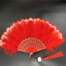 1 件手工羽毛扇，塑料框架，镀金边缘，折扇饰有玉莲花 - 装饰、艺术、照片背景 - 彩色 - 查看 16