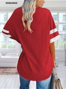 Womens Oversized Tees Loose T Shirts Half Sleeve Crew Neck Color Block Cotton Tunic Tops - Đỏ - Xem 2