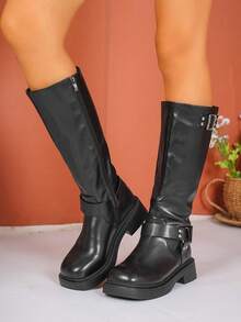 Giày bốt cao gót mũi tròn màu đen cho nữ, giày bốt cổ ngắn ấm áp và thoải mái, giày bốt cao đến đầu gối có đệm cho mùa thu/đông - màu đen - Xem 3