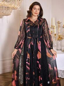 Plus Size Elegant Lace Random Print 2pcs Dress Set - Black - View 6