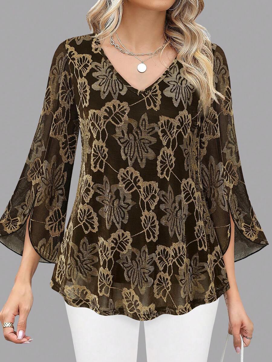 CheersLife Women's Ruffled V-Neck Loose Flowy Belted Blouse With Double-Layer Mesh - Black and Gold - View 1