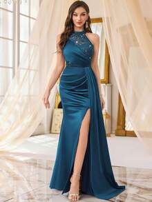 MIUSOL Robe de soirée longue de fête avec col ras-du-cou, dentelle fleurie pailletée, contraste de satin et fendu sur le côté fendu jusqu'à la cuisse