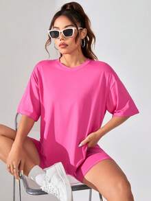 Women's Solid Color Casual Round Neck T-Shirt And Shorts Set - Hot Pink - View 6