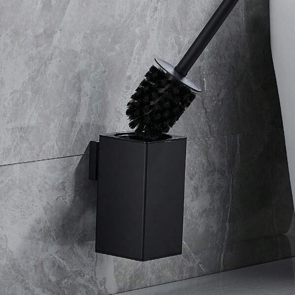 1 Stück glattes schwarzes quadratisches Toilettenbürsteset mit Wandhalterung - aus strapazierfähiger Aluminiumlegierung, stehend oder wandmontiert, inklusive Griff - passend für moderne Bäder, Weihnachts-/Halloween-Dekorationsgeschenk
