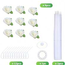 1 Set Of 9 Rose Flower With Leaves And Organza, Wedding Car Decorations, Wedding Ceremony And Party Decor, Non-Damaging To Paint, Car Decoration In Red/White/Blue - A - View 3