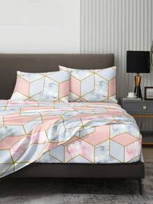 4 件套粉色大理石纹床单套件，易于护理的超细纤维柔软床上用品套装，花卉床笠套件（1 件床单+1 件床笠+2 个枕套），床笠套件，特大号双人床，全尺寸床单，深口袋，最大 11.8 英寸枕套，柔软透气防皱，更适合睡眠，豪华酒店风格，送给妈妈爸爸朋友的礼物 - 彩色 - 查看 4