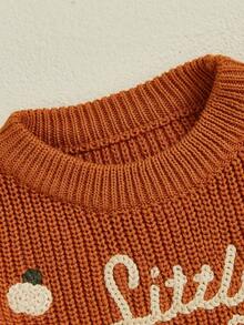 Girls Halloween Knit Sweater Long Sleeve Round Neck Letter Pumpkin Embroidery Knitwear - Orange - View 3