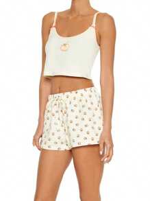Womens Two Piece Pajamas Set Sleeveless Peach Print Crop Cami Tops And Shorts Loungewear