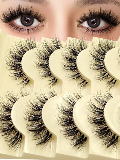 5 أزواج من رموش عين القطة الأنمي، ناعمة وفاخرة | ساق شفاف، مناسبة للمبتدئين في تنكر وإطلالة الدمية، رموش شريطية للاستخدام اليومي