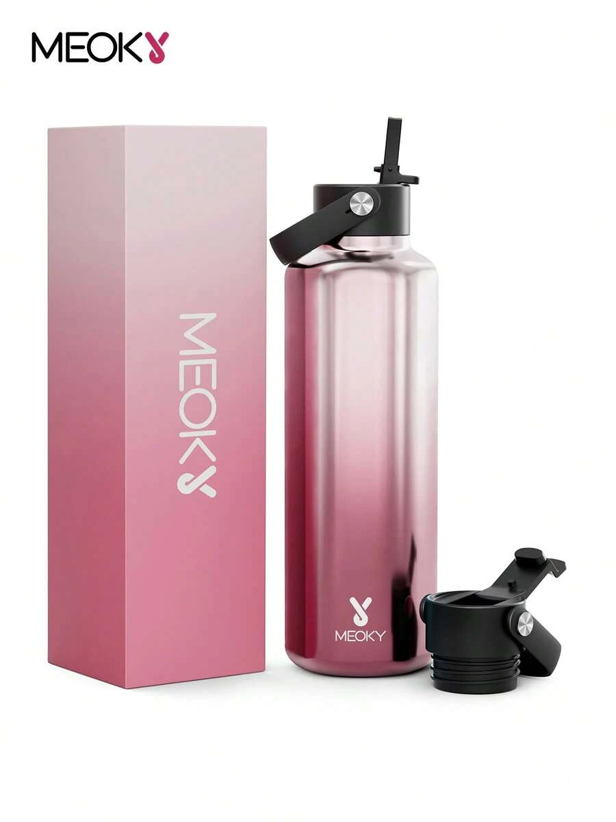 Meoky Bouteille d'eau isolée de 24 oz avec couvercle à double paille, 24 heures de froid, étanche, tasse isotherme en acier inoxydable, mug de voyage, bouteille d'eau de sport en acier inoxydable à double paroi pour l'extérieur, la salle de sport, les voyages et l'école