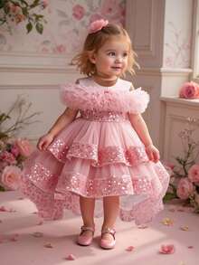 女婴亮片薄纱可爱花童婚礼拖尾礼服，适合派对、生日、外出等场合，不含头饰 - 藕粉色 - 查看 4