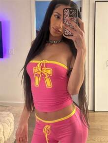 Slim-Fit Contrasting Color Sexy Hottie Short Tube Top Open-Button Top Trousers Set - 玫紅色 - 查看 2