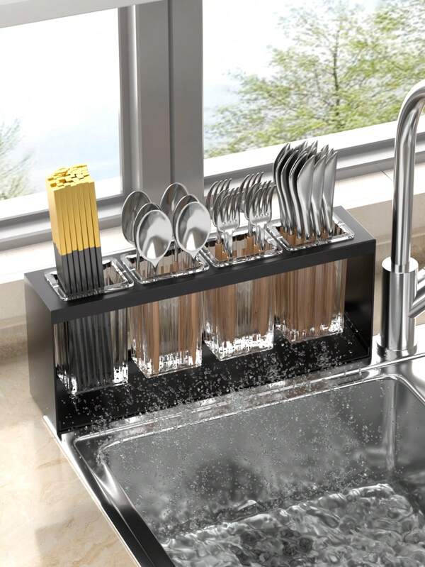 1 pièce Étagère de rangement de cuisine avec 3 compartiments pour porte-baguettes, égouttoir d'évier, porte-couverts multifonction pour couteaux, fourchettes, cuillères et baguettes, pour salle à manger et cuisine, organisateur de cuisine, étagère à vaisselle, fournitures scolaires