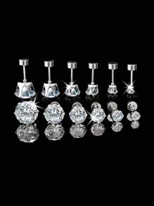 Conjunto de 6 pares de brincos de tarraxa de aço inoxidável com zircônia de 3 a 8 mm, versáteis e modernos, com parte traseira plana, adequados para mulheres e homens, estilo minimalista e elegante, presente delicado