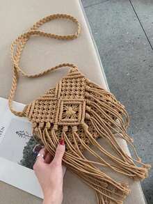 轻巧的半圆形流苏包，女士夏季斜挎包，休闲手提包，迷你简约草编包，母亲节礼物，适合妈妈，适合少女，女大学生，非常适合大学、户外、旅行、郊游、搭配