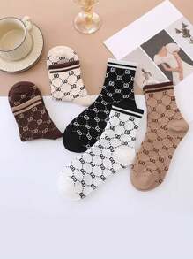 5 Pairs Women's Striped Letter Pattern Socks, Multi-Color, Elegant Retro Style Fashionable Versatile Sports Socks, Spring/Summer