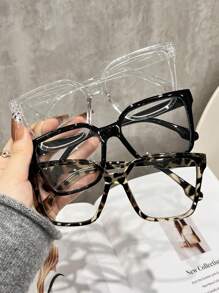 1/3 Paire de lunettes transparentes surdimensionnées carrées en polycarbonate (PC) avec imprimé léopard bohème pour femmes, toutes saisons