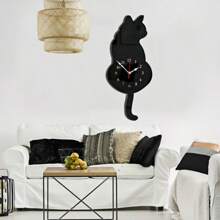 1pc Unique DIY Acrylic Black Cat Wall Clock With Mute Tail - Battery Operated, Silent, Easy To Read, Decorative Timepiece For Living Room, Bedroom, Restaurant, Office, Halloween, Thanksgiving, Easter Decorations School Decor School Surprise Dormitory Decor Back To School