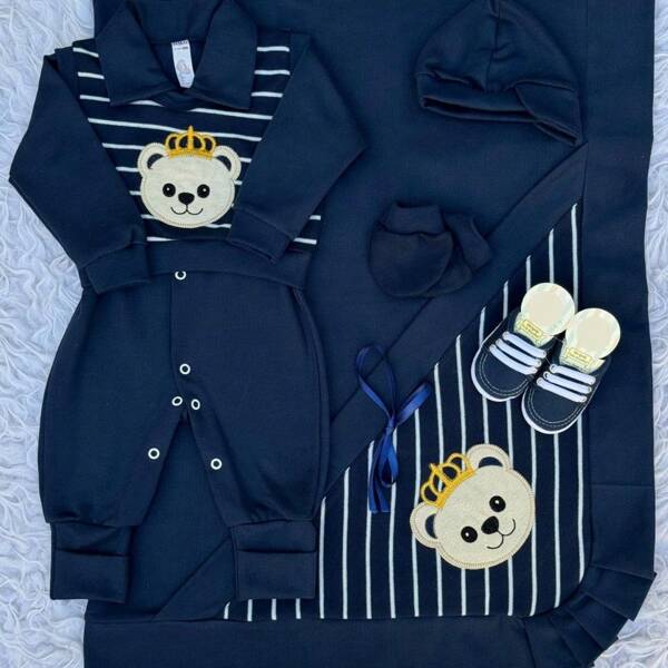 Saida Maternidade de Urso Masculina de Luxo Azul Marinho kit completo com 6 peças