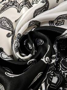 1PC Women's Black And White Paisley Printed Bandana Square Towel, 90CM Large Women's Satin Square Silk Feeling Hair Scarf Wrap Headscarf