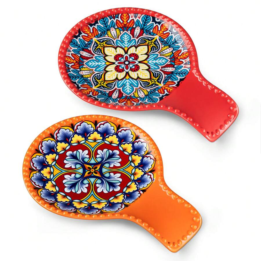 vancasso 2-Piece Poreclain Spoon Rests, Ceramic Decal, Bohemian Style, Polychrome, Red And Orange Set - Red - View 1